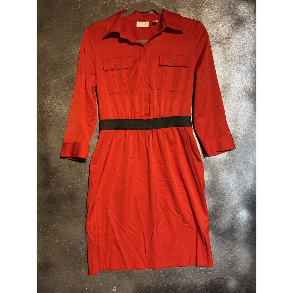 New York & Company Women’s S Shirt Dress Midi Solid Red/Black Collared Belted